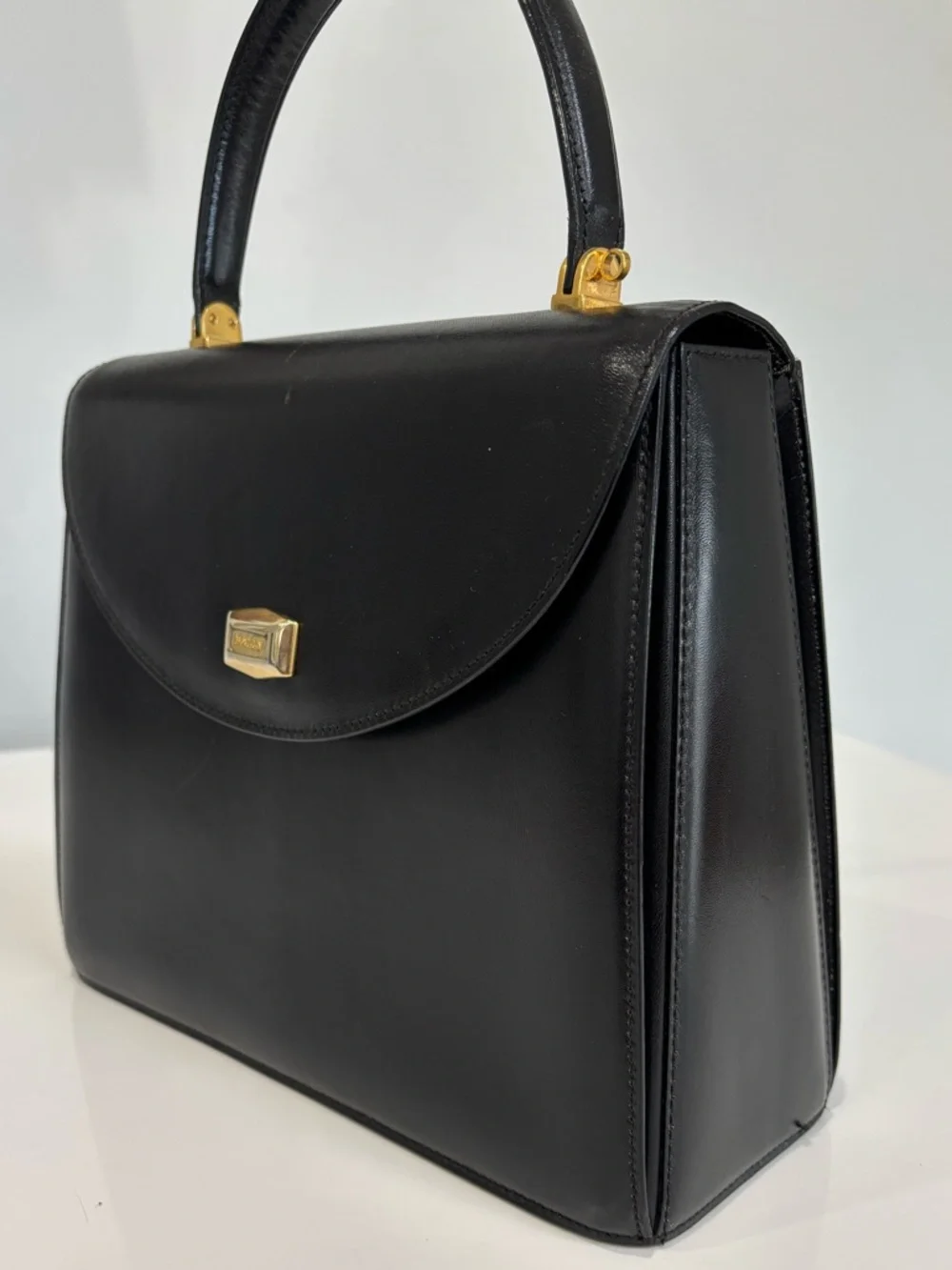 Bally Vintage Black Leather Top Handle Bag Gold Hardware Structured Crossbody - Picture 5 of 10